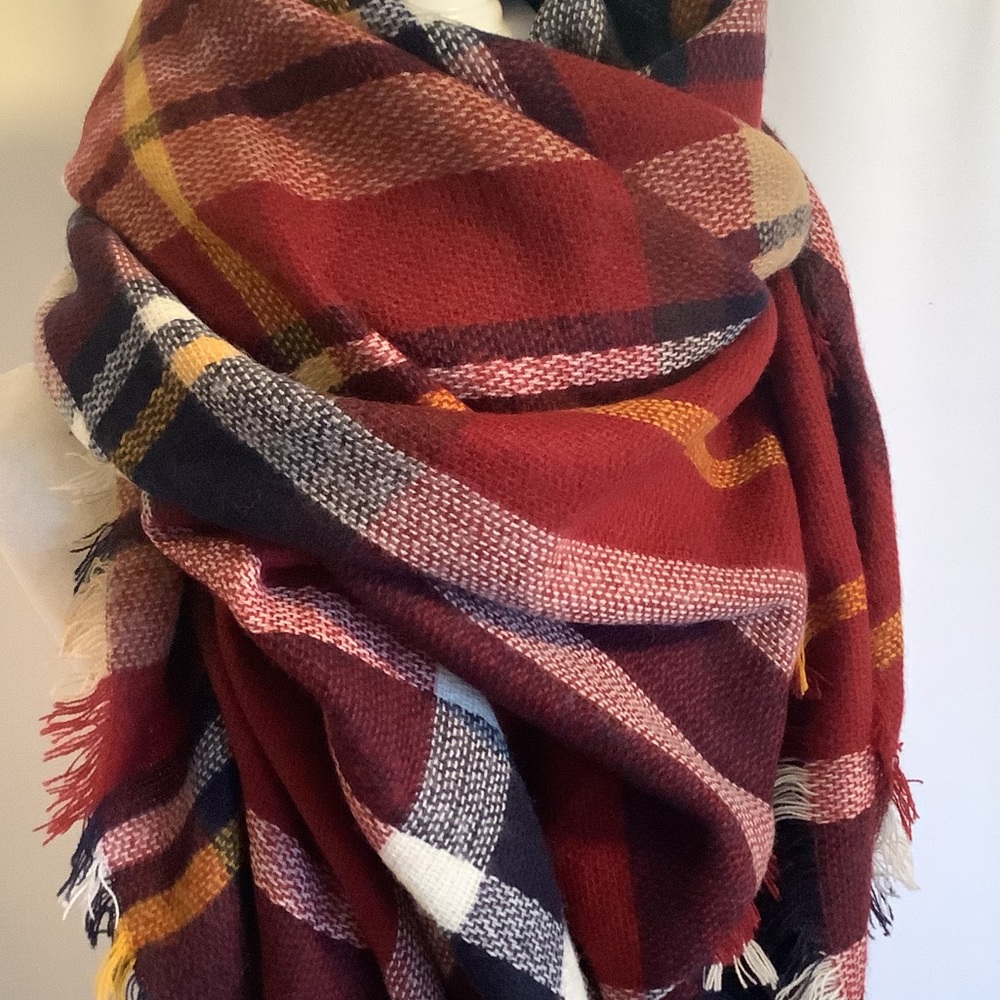 Burgundy Plaid Blanket Scarf - Picture 2 of 5